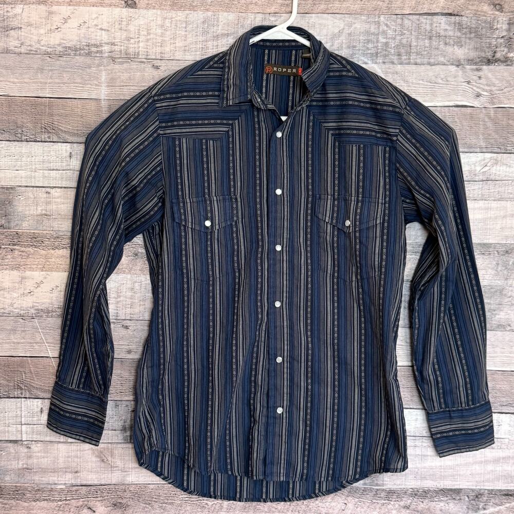 Roper Western Cowboy Pearl Snap Shirt Mens Medium Navy Gray Striped Long Sleeve